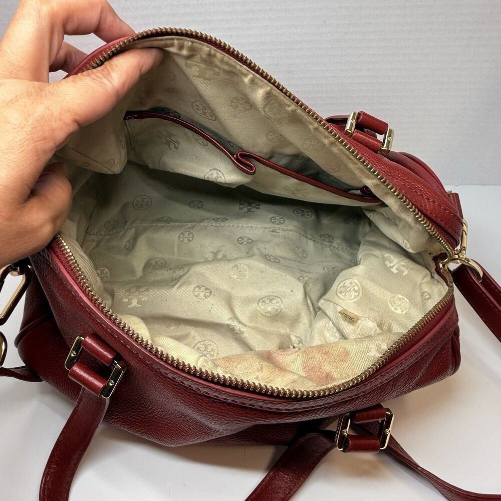 Tory Burch Deep Red Pebbled Leather Large Satchel Crossbody Bag - Picture 7 of 8